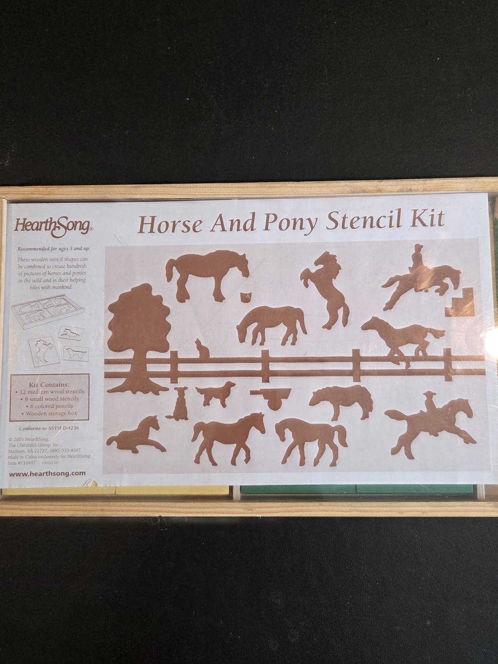 HearthSong Horse & Pony Kit 20 Stencils + Colored Pencils Wood Box